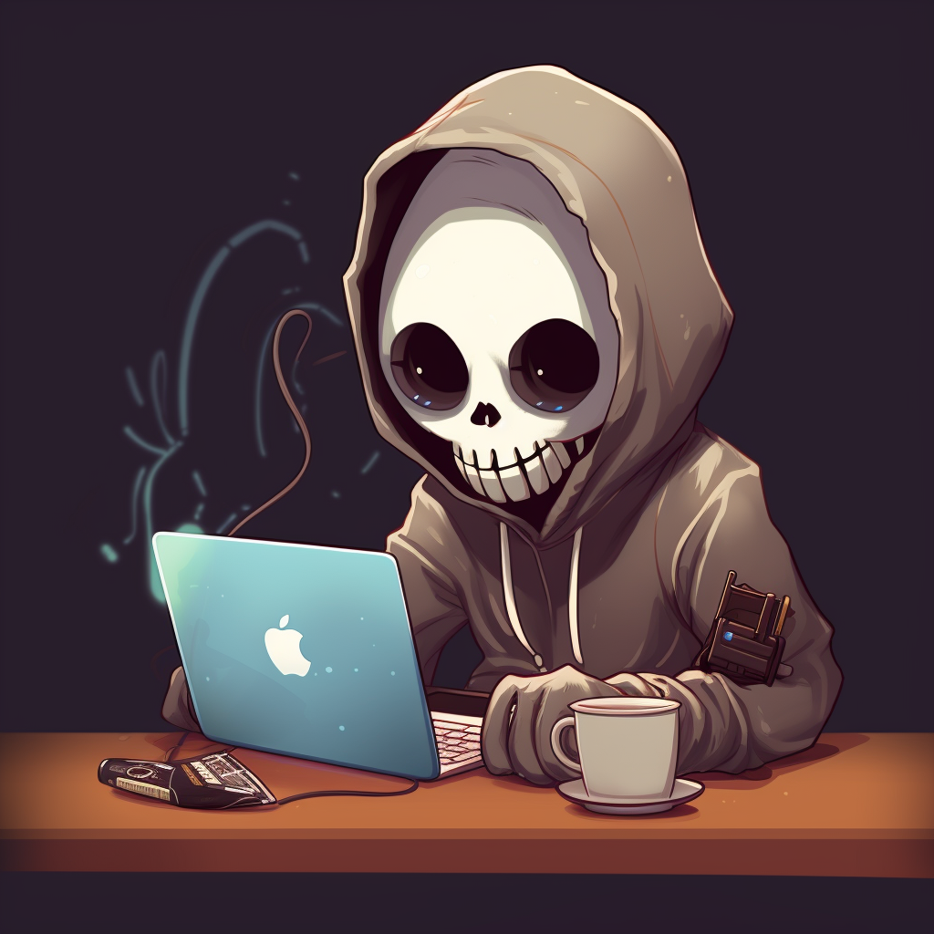 A 2d picture of a skeleton with a macbook and coffee