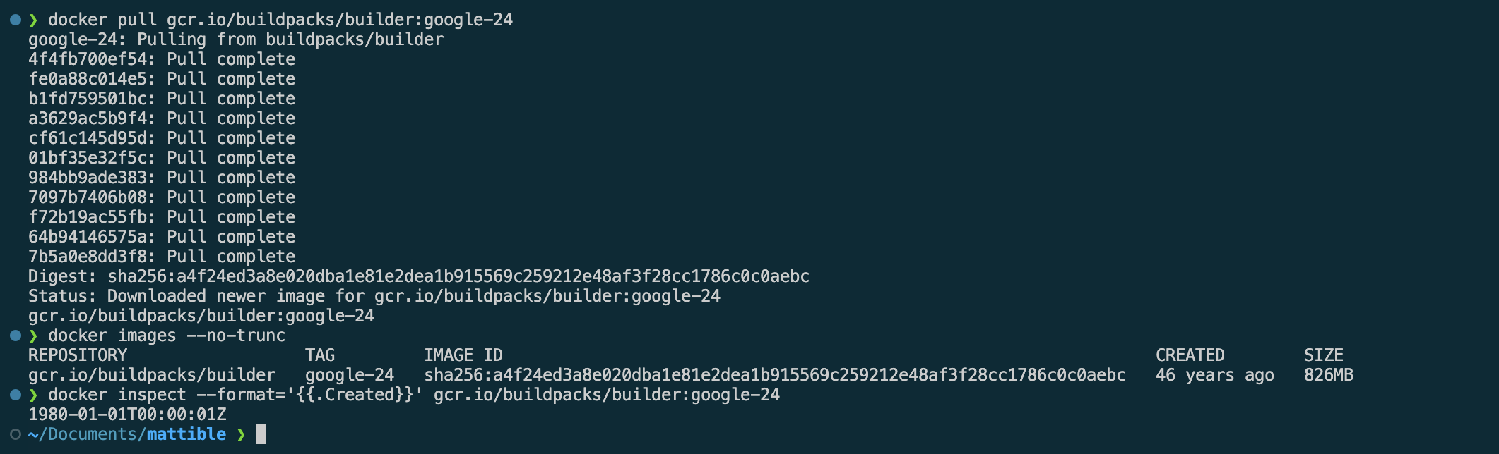 Terminal result of pulling BuildPacks